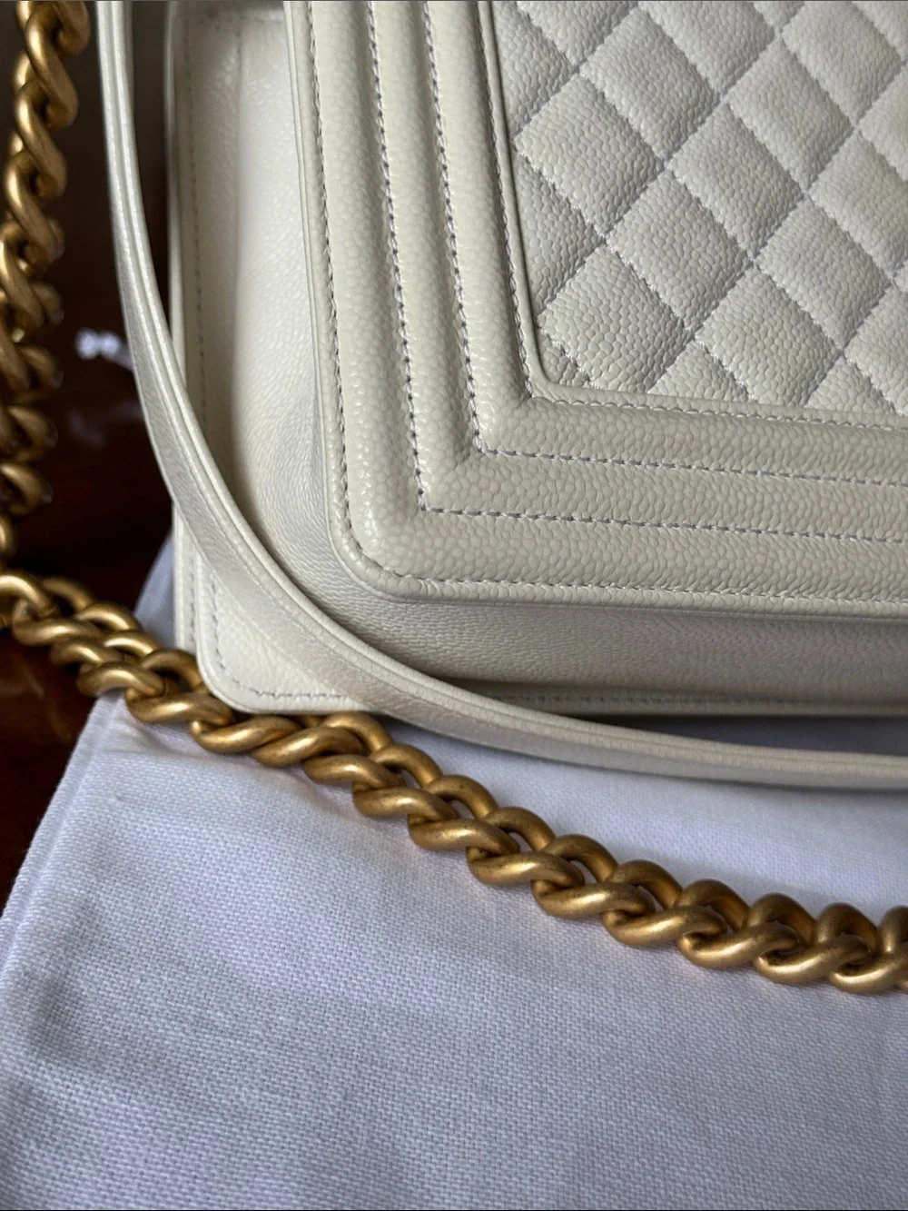 CHANEL Off White  Quilted Boy Shoulder Bag with Gold Hardware